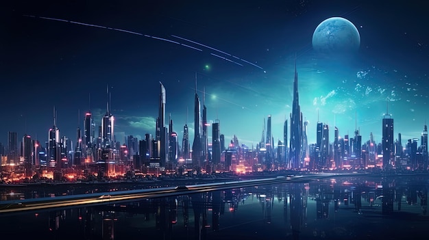 L'horizon futuriste de la ville avec des bâtiments au néon