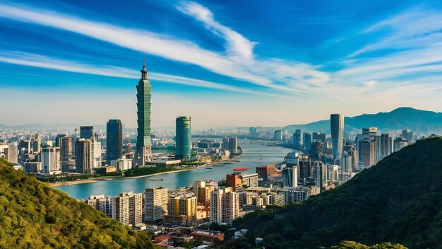 Photo l'horizon et le gratte-ciel de kaohsiung à taïwan avec un ciel bleu en arrière-plan