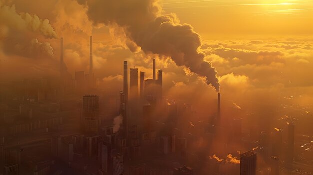 Un horizon industriel spectaculaire au coucher du soleil avec des cheminées fumantes conceptualisant l'impact sur l'environnement Photographie du paysage urbain AI