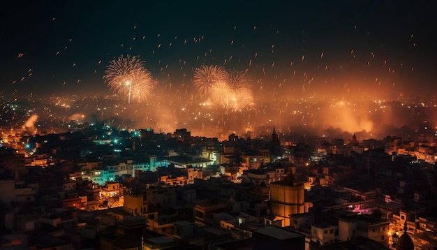 L'horizon lumineux de la ville déclenche une célébration de feu d'artifice animée générée par l'IA