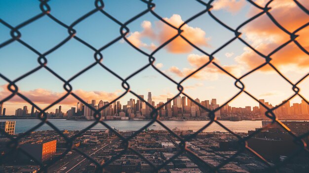 Horizon de Manhattan au coucher du soleil à travers la grille