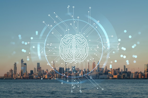 Horizon de New York depuis le New Jersey au-dessus de la rivière Hudson avec les gratte-ciel de Hudson Yards au coucher du soleil Concept d'intelligence artificielle de Manhattan Midtown AI robotique de réseau de neurones d'apprentissage automatique