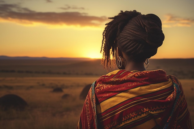 Photo horizon d'or femme africaine à kente surplombant le coucher de soleil de savannah