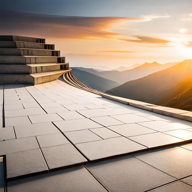 L'horizon panoramique et les carreaux de sol carrés vides sol en pierre avec des bâtiments de ciel et de nuages