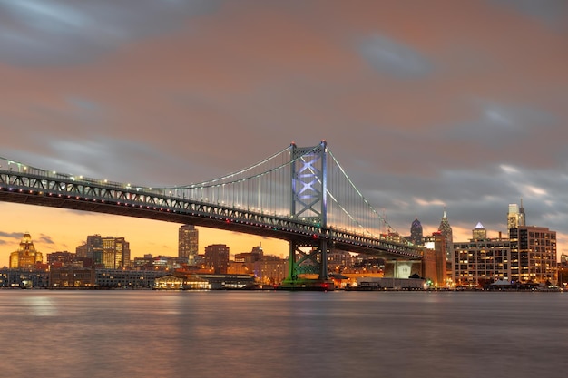 L'horizon de Philadelphie en Pennsylvanie aux États-Unis sur le fleuve Delaware avec le pont Ben Franklin