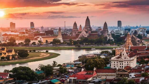 L'horizon de Phnom Penh au coucher du soleil, capitale du royaume du Cambodge