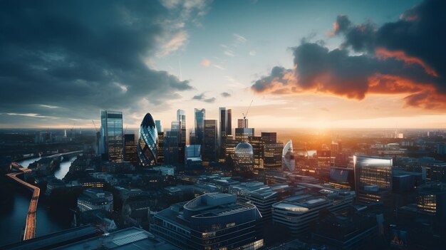 Un horizon urbain animé au coucher du soleil