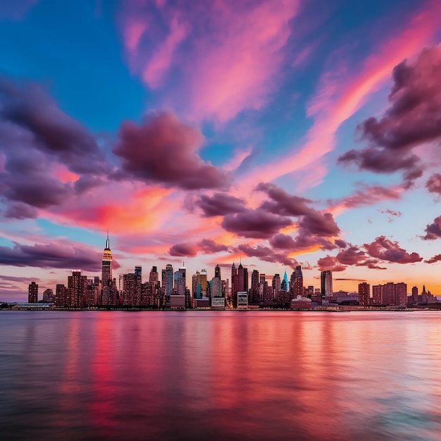 Un horizon urbain avec un ciel rose et orange et les mots nyc en bas à droite