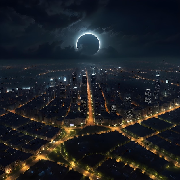 un horizon de la ville avec un anneau de lune et une ville en arrière-plan