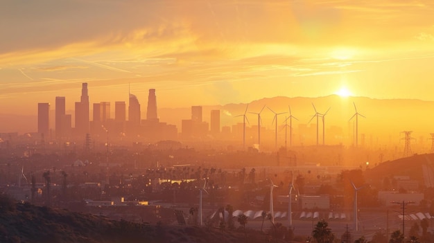 Un horizon de la ville au coucher du soleil avec des turbines éoliennes et des panneaux solaires visibles au premier plan une légende