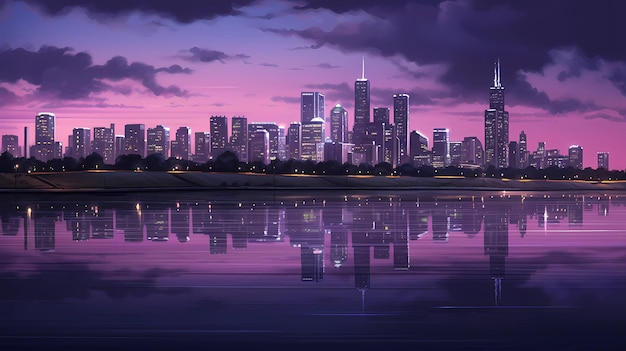 L'horizon de la ville au crépuscule avec des tons violets du crépuscue