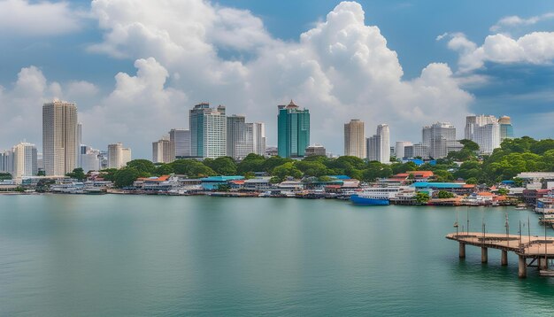 Photo un horizon de la ville avec un bateau bleu et une ville en arrière-plan