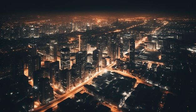 L'horizon de la ville brille avec le trafic d'architecture moderne et la vie nocturne ci-dessous générés par l'IA