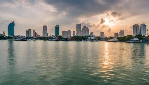 Photo un horizon de la ville avec un coucher de soleil en arrière-plan