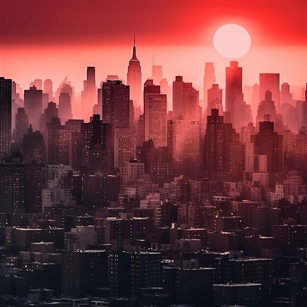 Un horizon de la ville avec un coucher de soleil rouge en arrière-plan.