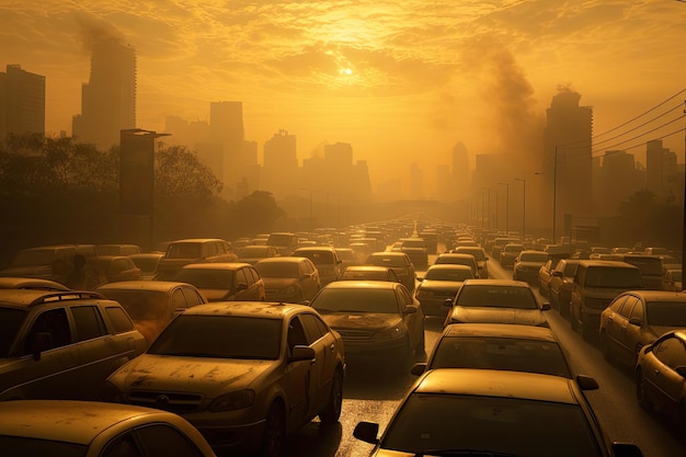 L'horizon de la ville est rempli de voitures sur une autoroute et d'une épaisse brume jaune de pollution