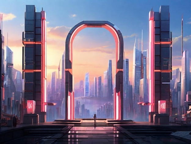 L'horizon de la ville futuriste au coucher du soleil Le paysage urbain futuriste en 3D