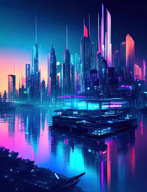 horizon de la ville futuriste avec un bateau dans l'eau la nuit