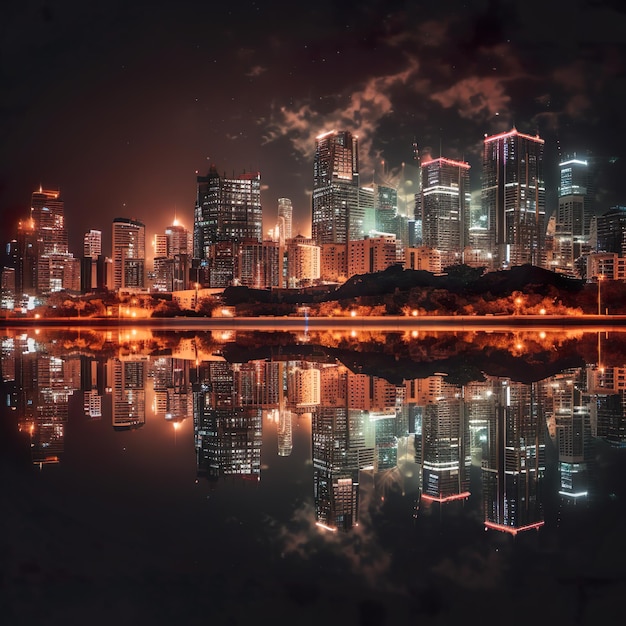 Un horizon de la ville avec des lumières se reflétant sur l'eau.