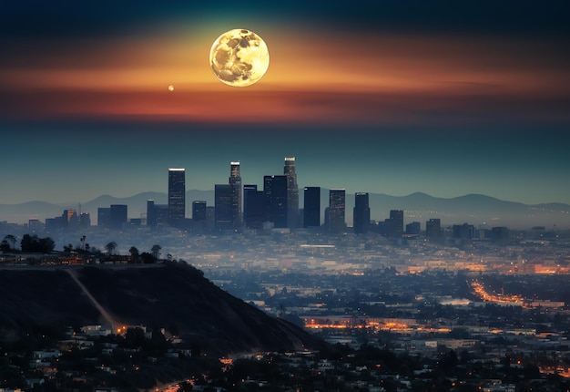 Un horizon de la ville avec une lune et les lumières de la ville