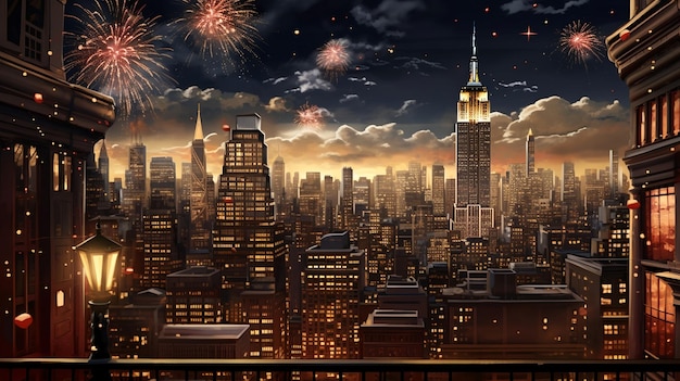 L'horizon de la ville de New York avec des feux d'artifice la nuit