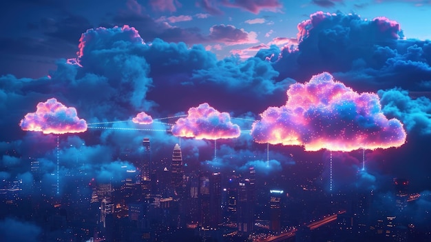 Photo un horizon de la ville avec des nuages en forme de cerveau et brillant de lumière néon