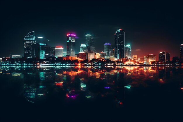 Un horizon de la ville la nuit avec des lumières colorées et des réflexions sur l'eau Business District Background Generative Ai
