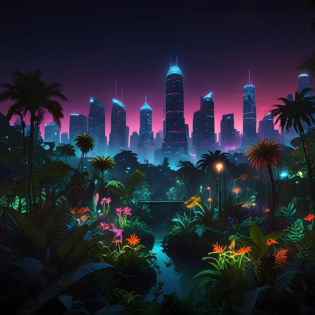 un horizon de la ville avec des palmiers et une ville en arrière-plan