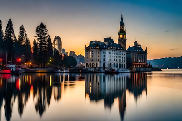 Un horizon de la ville avec un reflet d'un bâtiment dans l'eau.