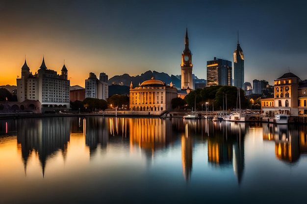 un horizon de la ville avec le reflet d'un bâtiment dans l'eau.