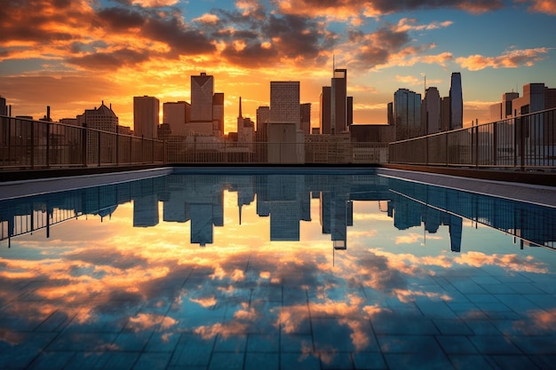 Photo l'horizon de la ville se reflète brillamment sur une piscine sur le toit créée avec une ia générative