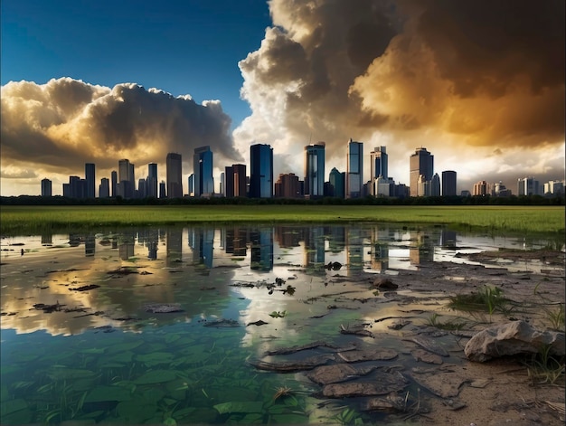 Un horizon de la ville se reflète dans une flaque d'eau par une journée ensoleillée.