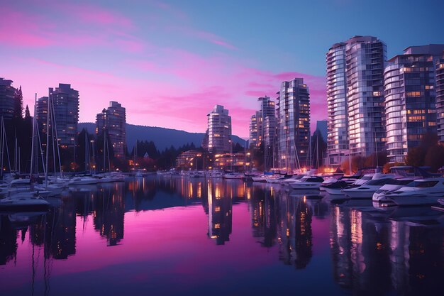 L'horizon de la ville se reflète dans une rivière calme au crépuscule