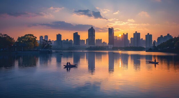 L'horizon de la ville de Shanghai et le lac avec le reflet au coucher du soleil en Chine