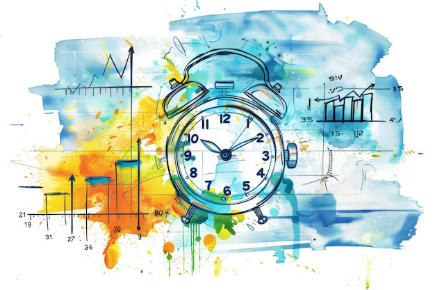 Photo une horloge à l'aquarelle vibrante et des graphiques stratégiques comme représentation artistique de la gestion du temps