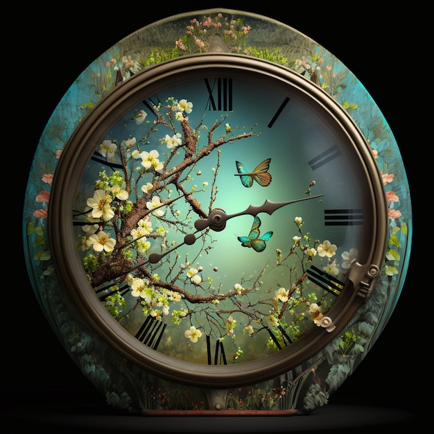 Une horloge avec un arbre et l'heure de 12h30