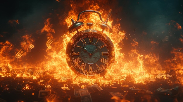 Photo l'horloge et l'argent en feu