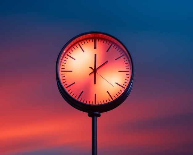 une horloge au sommet d'un poteau devant un ciel coloré
