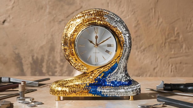 Photo une horloge aux étincelles brillantes sur la table.