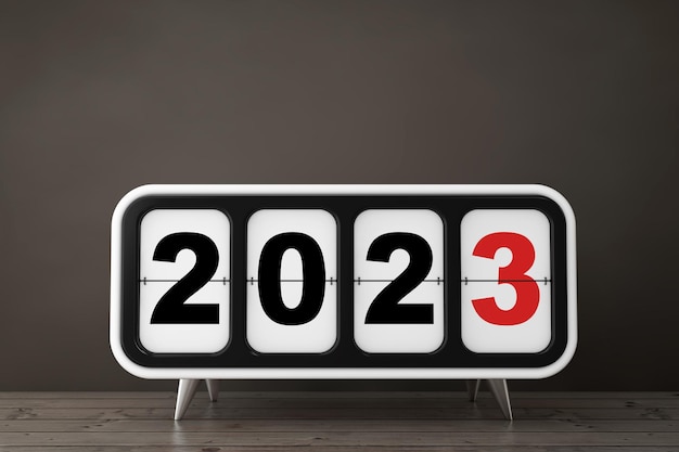 Horloge à bascule rétro avec rendu 3d du signe du nouvel an 2023