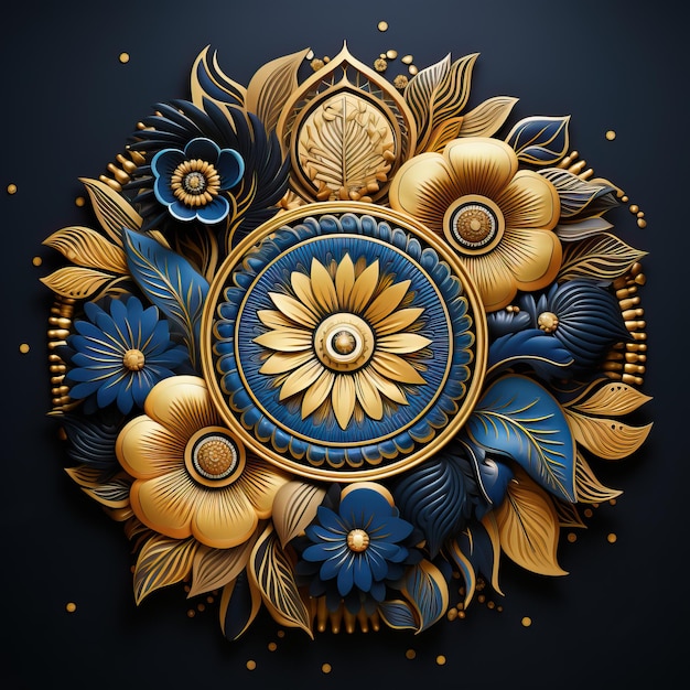 une horloge bleue et dorée avec des fleurs et un fond bleu