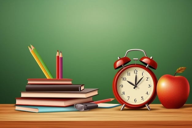 Une horloge sur un bureau avec une pile de livres et un crayon dessus