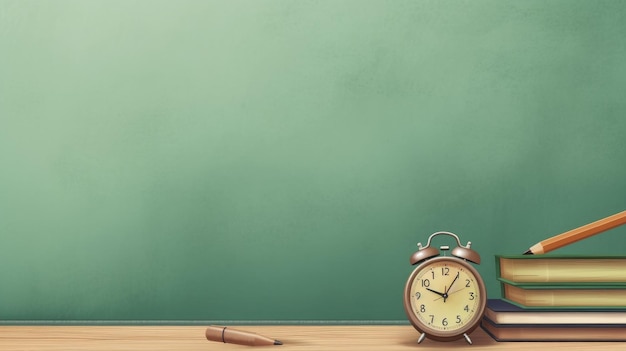 Une horloge sur un bureau avec un tableau noir et un crayon