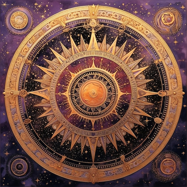 horloge céleste avec soleil et lune au centre sur fond violet ai générative