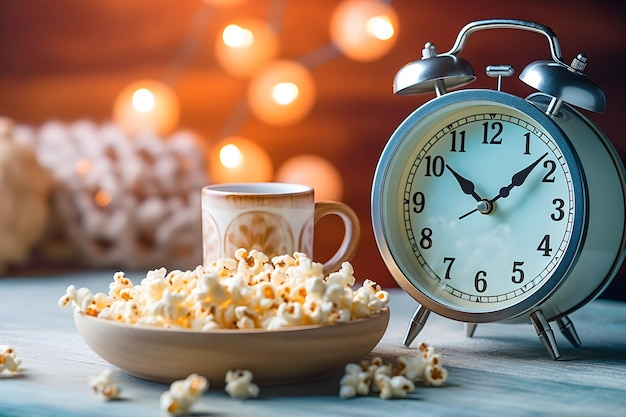 Une horloge à côté d'une tasse de pop-corn et d'une assiette de pop-corn