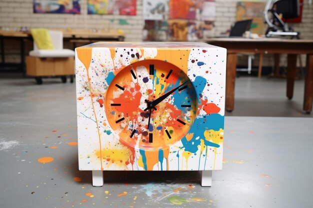 Une horloge en cube sur une table peinte par un artiste