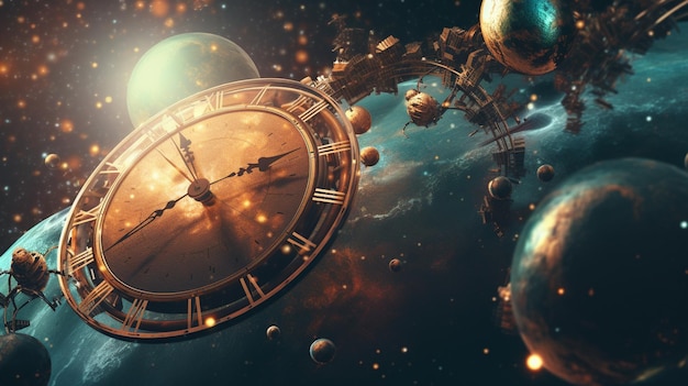 Horloge dans le ciel avec des planètes et des étoiles en arrière-plan ai générative