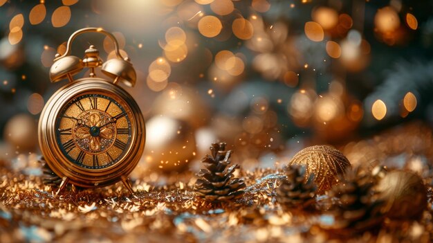 Horloge dorée décorative avec des feux d'artifice indiquant le Nouvel An de 2024 sur un fond bokeh beige Idée créative de carte de Noël et de Noël Célébration et fête