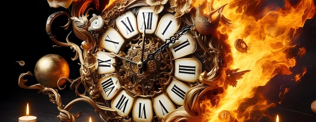 L'horloge est en feu et son extrémité brûlante est représentée dans une image de feu