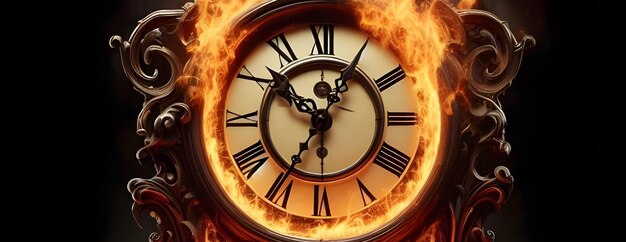 L'horloge est en feu et son extrémité brûlante est représentée dans une image de feu